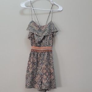 Altar'd State Beige and Teal Printed Spaghetti-Strap Romper